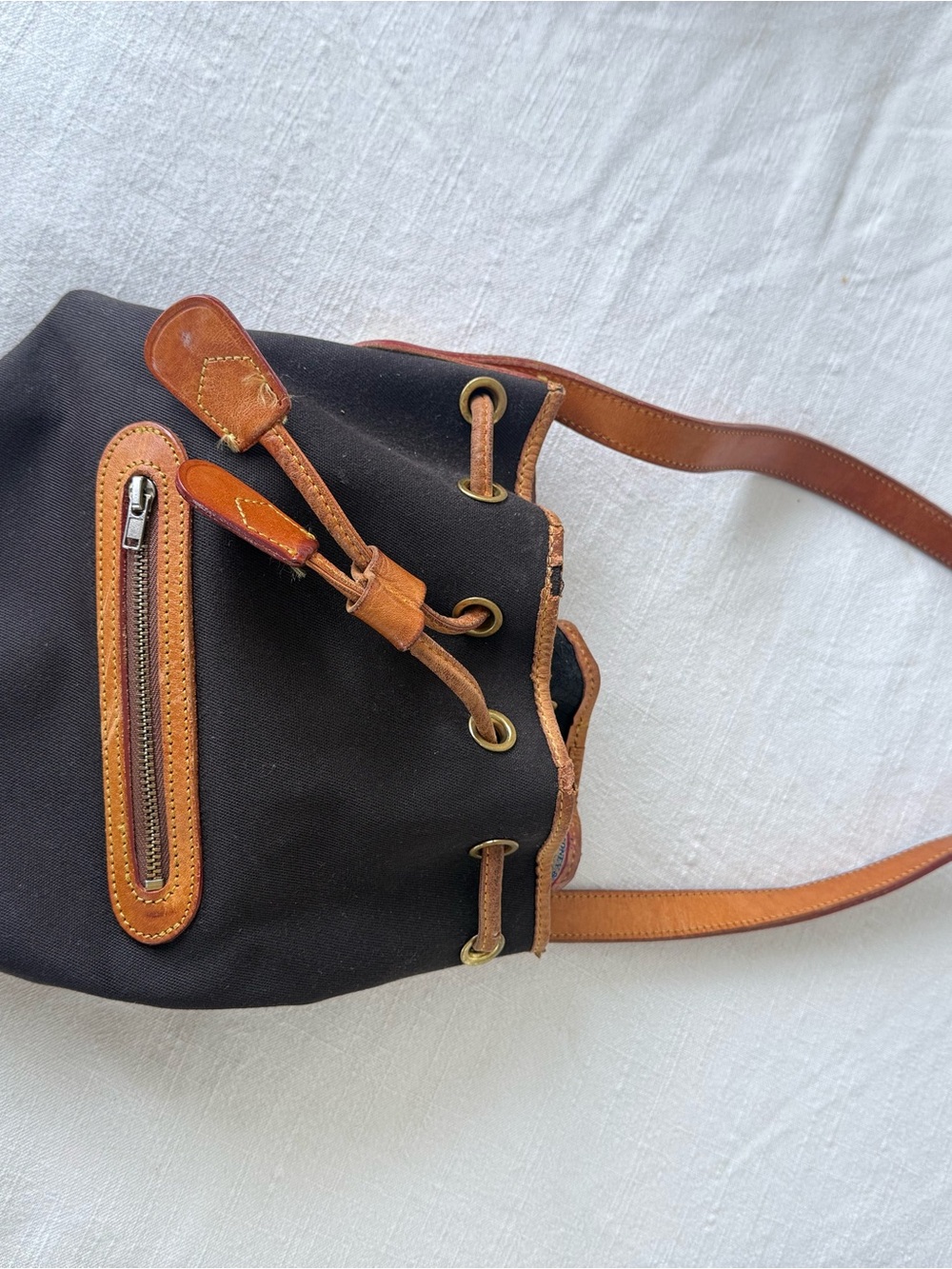 Dooney & Bourke Black Canvas Shoulder Bag with Brown Leather Trim